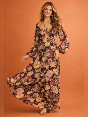 En Crème Burgundy Floral Maxi Dress Medium Boho Cutout Long Sleeve NWT